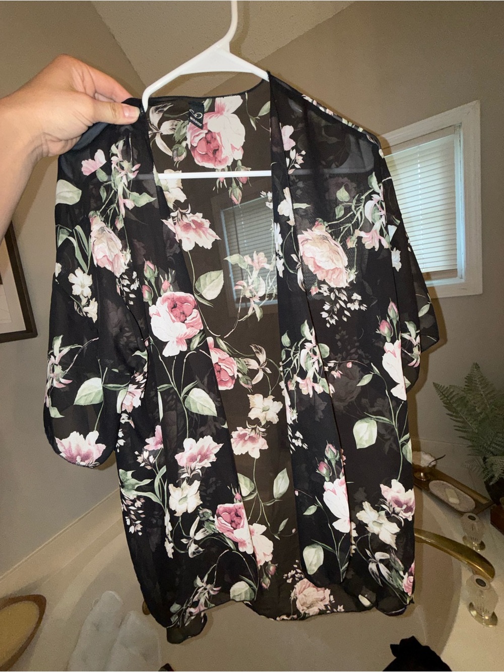 Floral Sheer Open-Front Kimono Jacket - Black/Pink